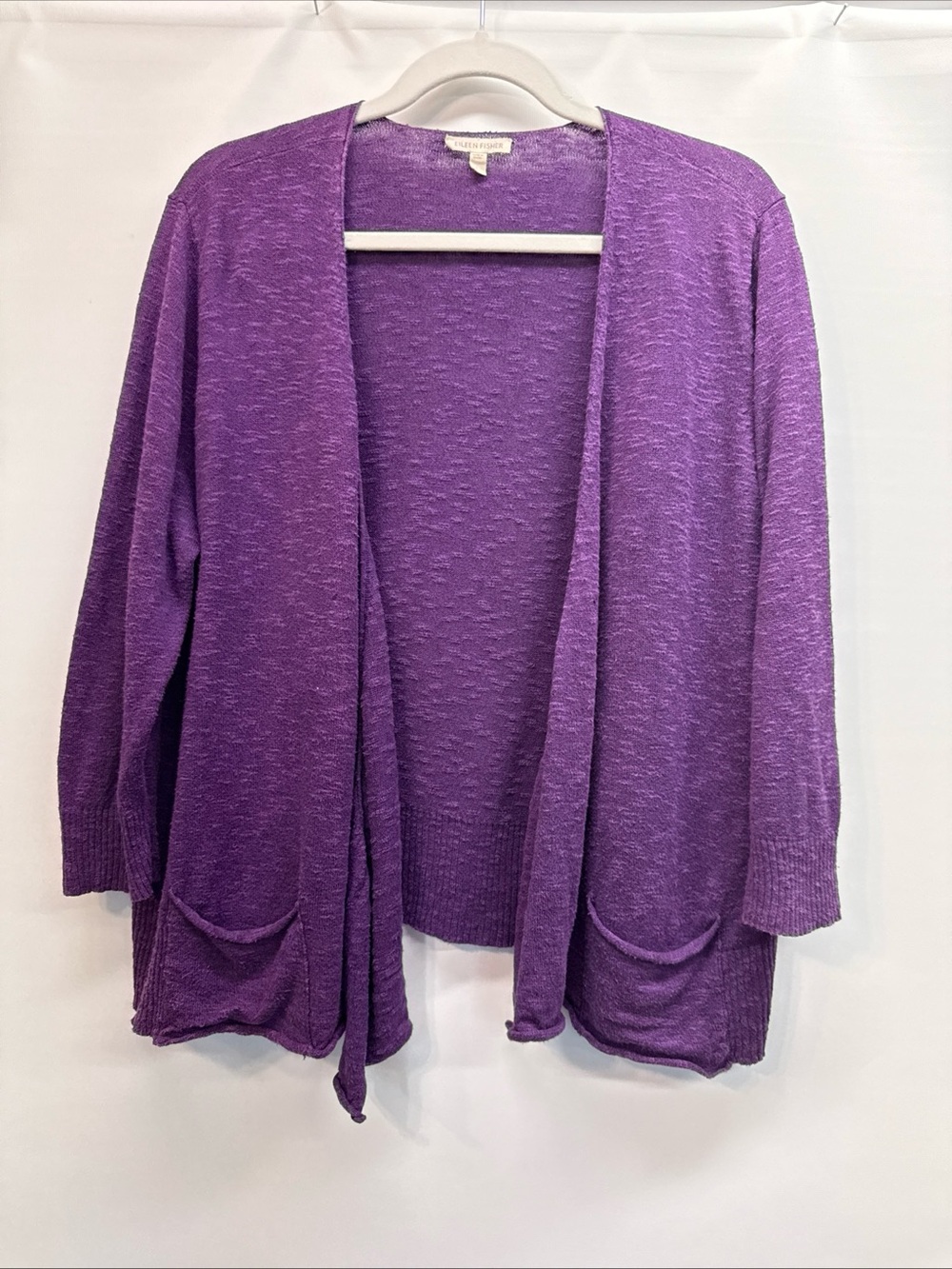 Eileen Fisher Open Front Cardigan Sweater Sz L Patch Pockets Linen Blend‎ Purple